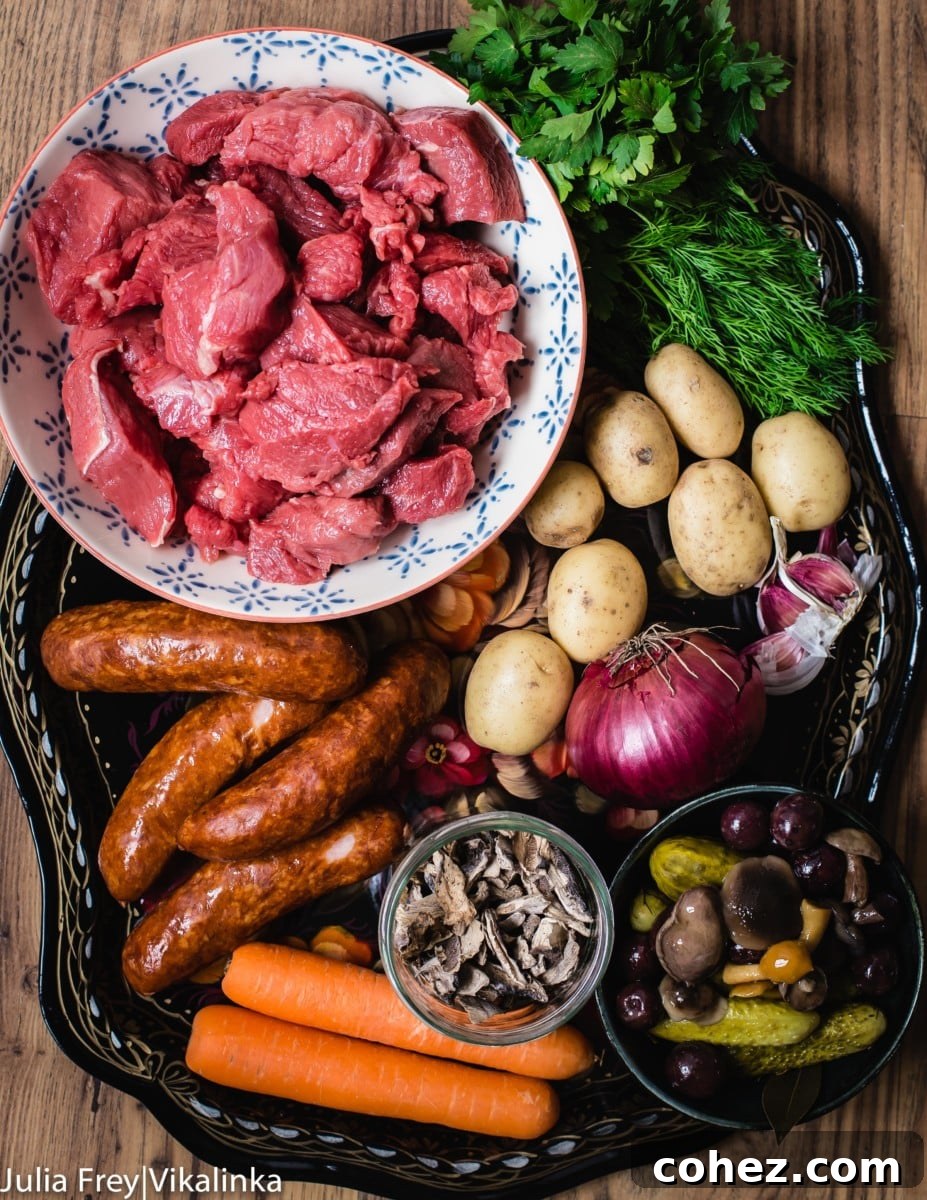 Overhead view of various Solyanka ingredients arranged artfully on a large platter, including beef, sausages, pickles, and mushrooms.