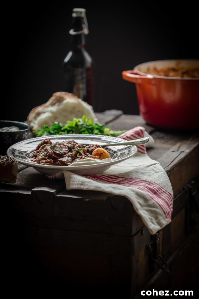 A beautifully presented bowl of Solyanka stew, part of a rustic table setting with fresh bread and herbs.