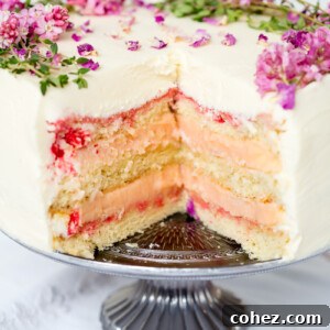 layer cake with a slice cut our exposing vanilla sponge and rhubarb curd filling