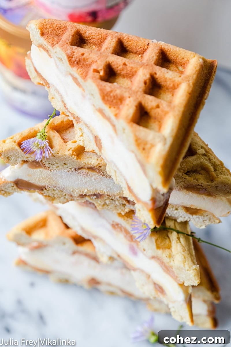 Top-angled view of waffle ice cream sandwiches, elegantly cut into triangles for serving.