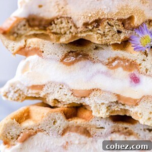 Stack of waffle ice cream sandwiches seen close up, highlighting the delicious layers.