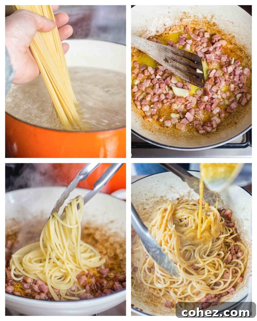 Effortless Cream-Free Carbonara Sauce 6 Four process images showing how to make the pasta dish