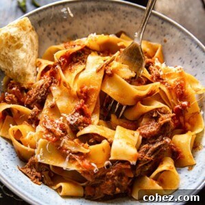 Bowl of Rustic Italian Beef Ragu with a piece of chunky bread and a fork
