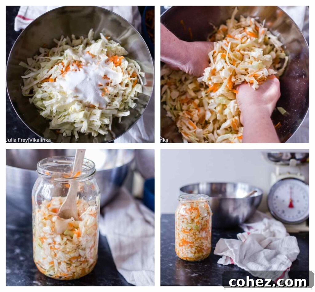 A series of images illustrating the step-by-step process of making sauerkraut, from preparation to fermentation.