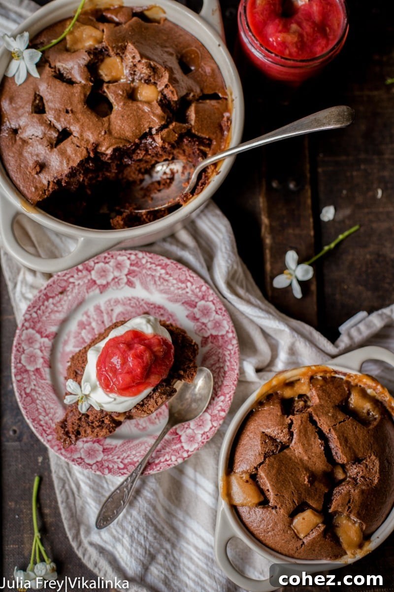 top down view of chocolate fudge cake with stewed rhubarb