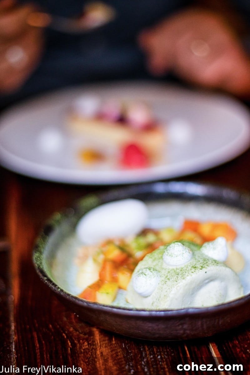 Exquisite lemon tart with refreshing blackcurrant sorbet