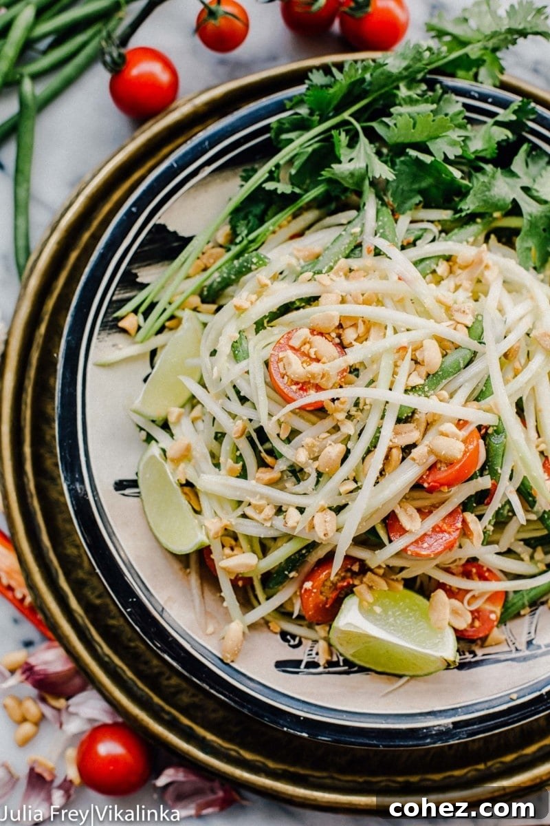 Fiery Som Tam Papaya Salad 5 Another top-down perspective of the finished Thai green papaya salad, showing its vibrant colors and inviting texture in a serving bowl.