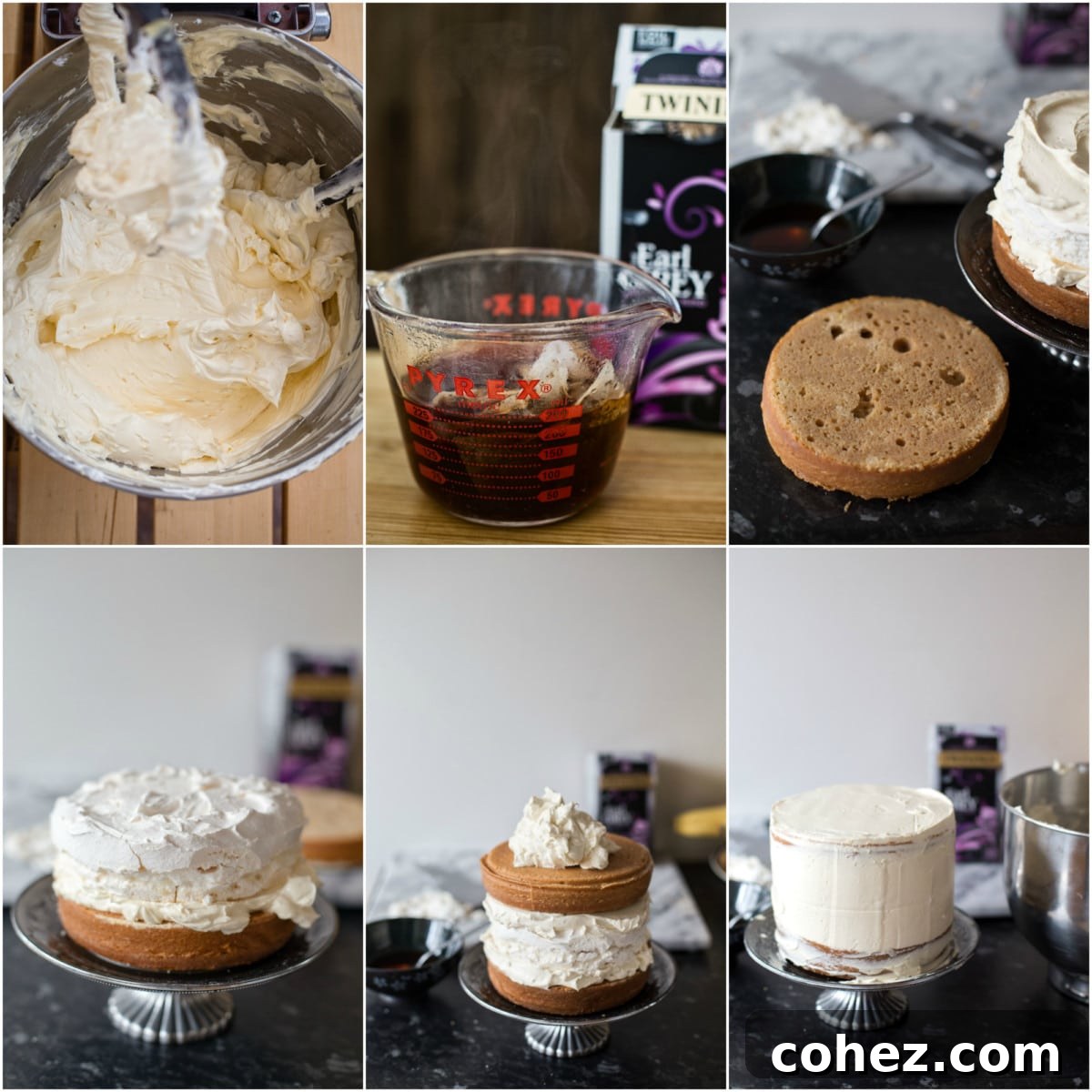Process shots illustrating the careful assembly of the layered Earl Grey meringue cake.