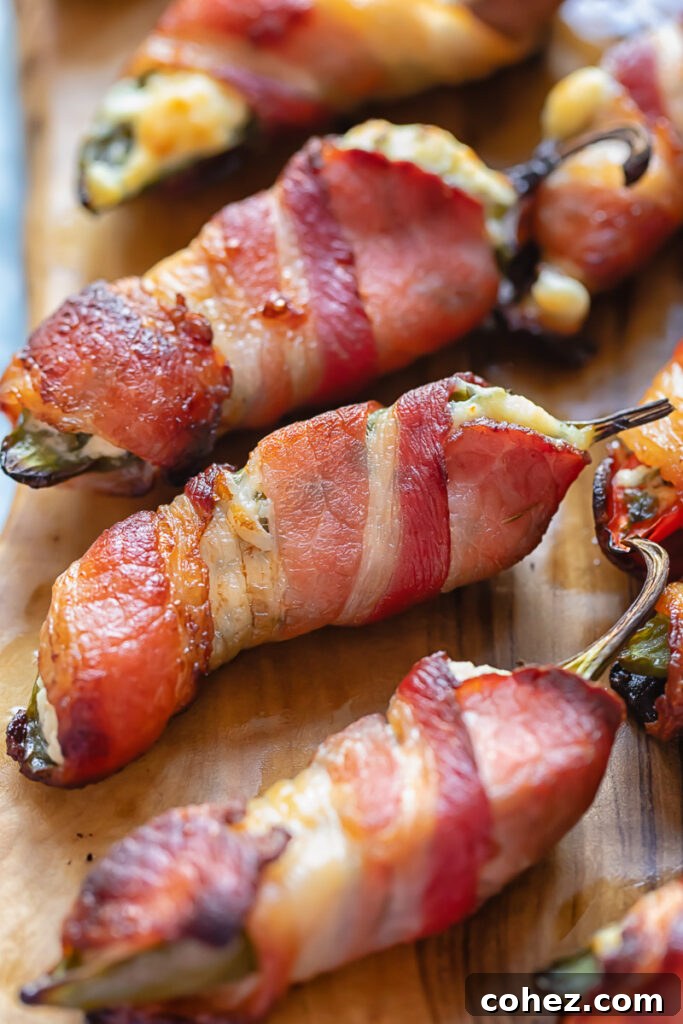 Close-up shot of three golden brown, bacon-wrapped jalapeño poppers on a wooden board, highlighting their crispy texture.