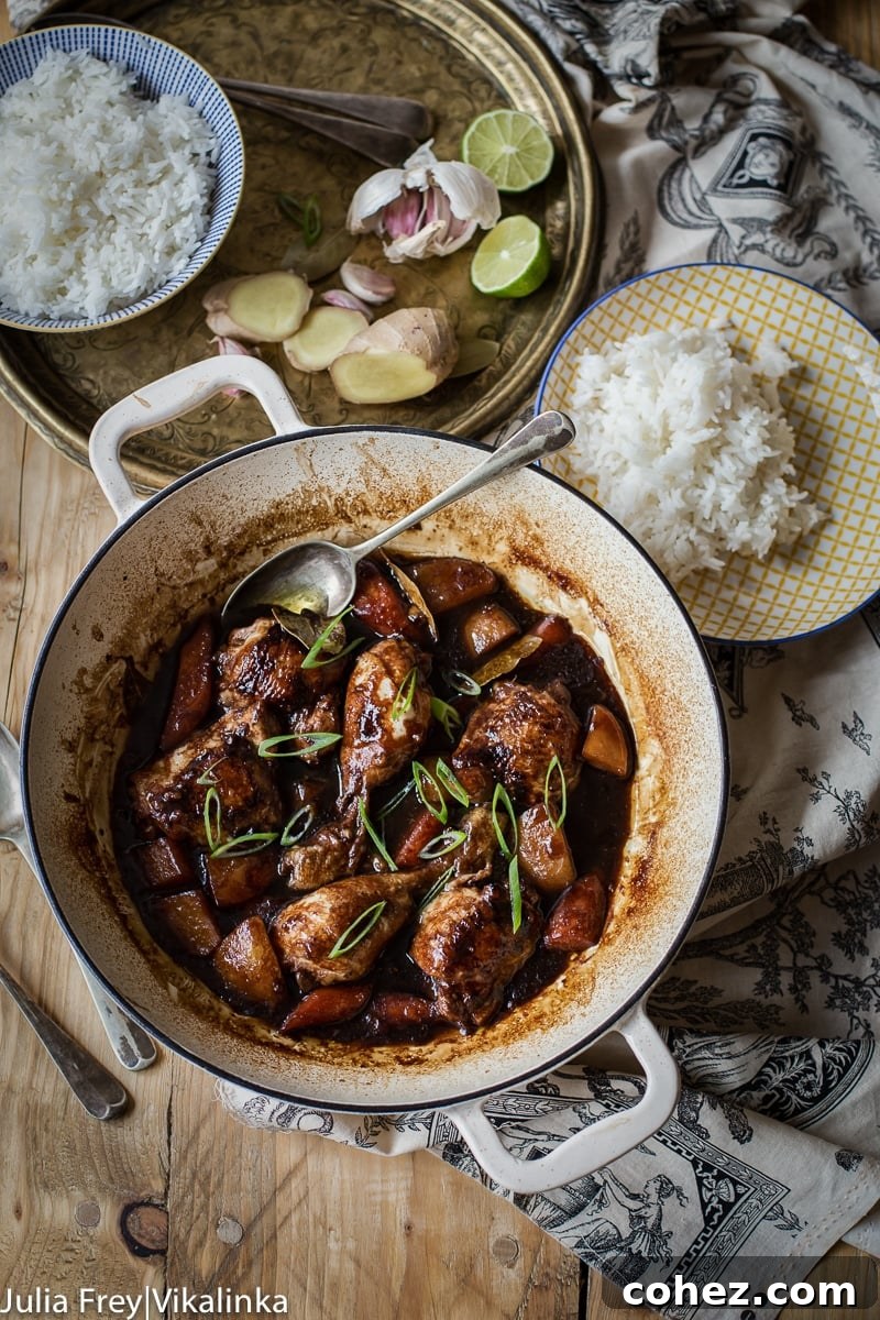 Top down photo of Filipino Chicken Adobo in a pot