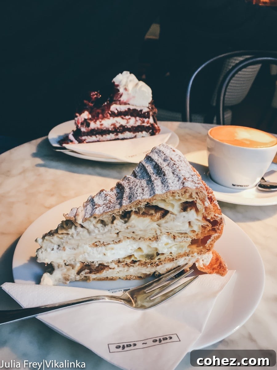 An irresistible display of cakes and pastries at a Prague cafe