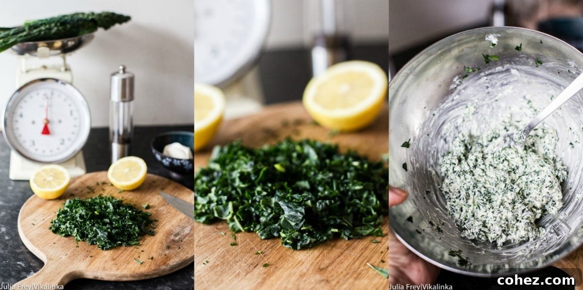 Regal Salmon in Golden Crust 5 Step-by-step process images illustrating the preparation of the creamy mascarpone and kale filling for Salmon en Croute.