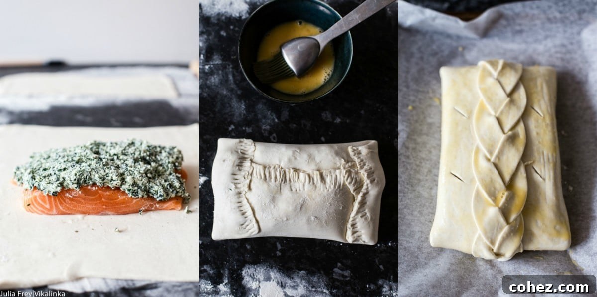 Regal Salmon in Golden Crust 6 Two process images demonstrating the folding technique to create a perfect Salmon en Croute parcel from puff pastry.