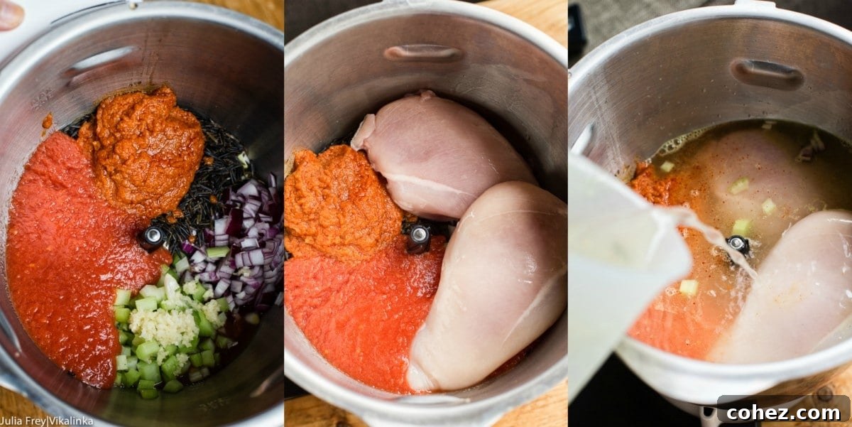 Collage of step-by-step images showing ingredients being added to a slow cooker for Thai chicken soup