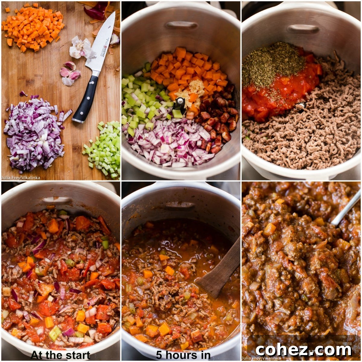 Savory Slow Cooked Bolognese Ragu 6 A visual progression of Slow Cooker Beef Bolognese sauce through different cooking stages: initial raw ingredients, after 5 hours of simmering, and fully cooked after 8 hours, showing the thickening and deepening of color.