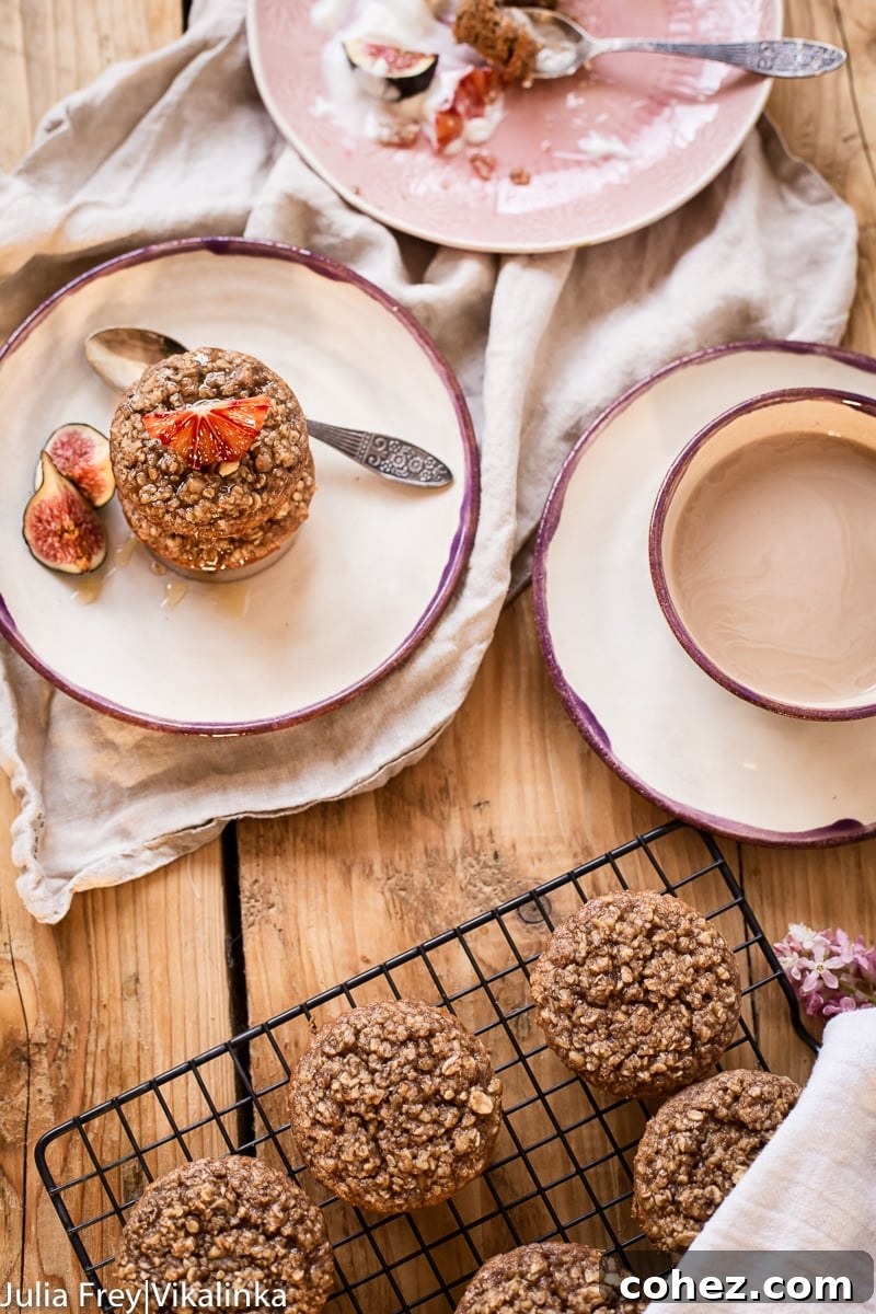 Top-down view of the baking process, featuring hands preparing flourless oatmeal muffin batter alongside a cup of coffee.