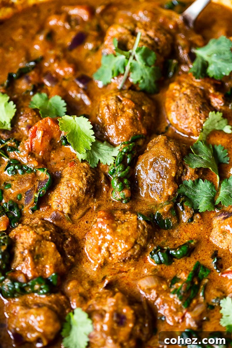 Close-up of tender spiced meatballs simmering in a rich, aromatic curry sauce, garnished with fresh cilantro leaves.