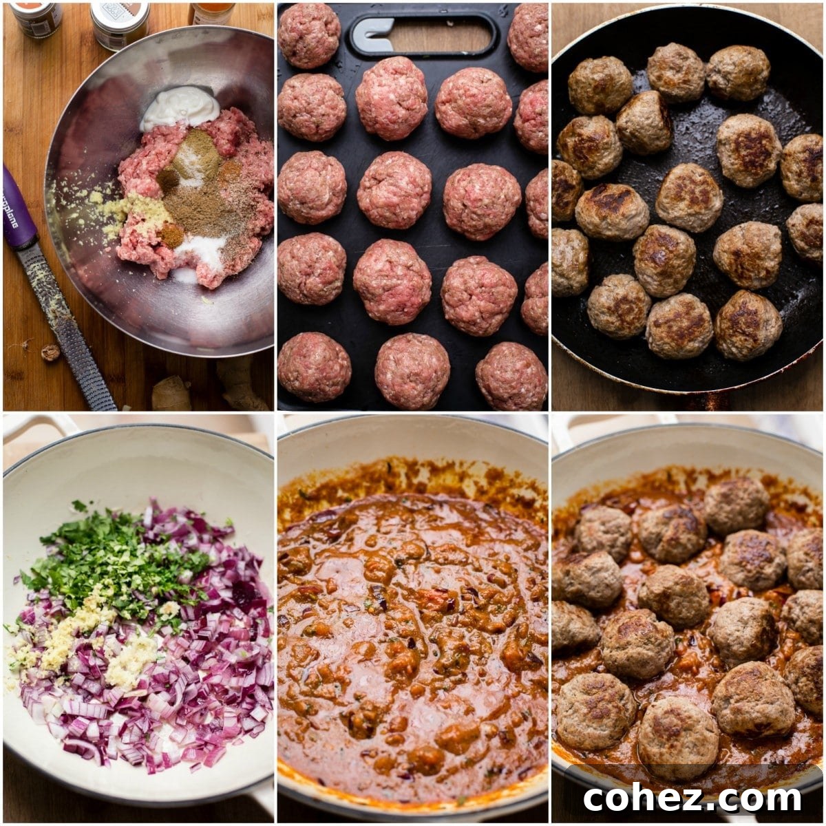 A collage showing the step-by-step process of making Indian Kofta Curry, from mixing the meatballs to simmering in the sauce.