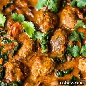Close-up of tender spiced meatballs simmering in a rich, aromatic curry sauce, garnished with fresh cilantro leaves.