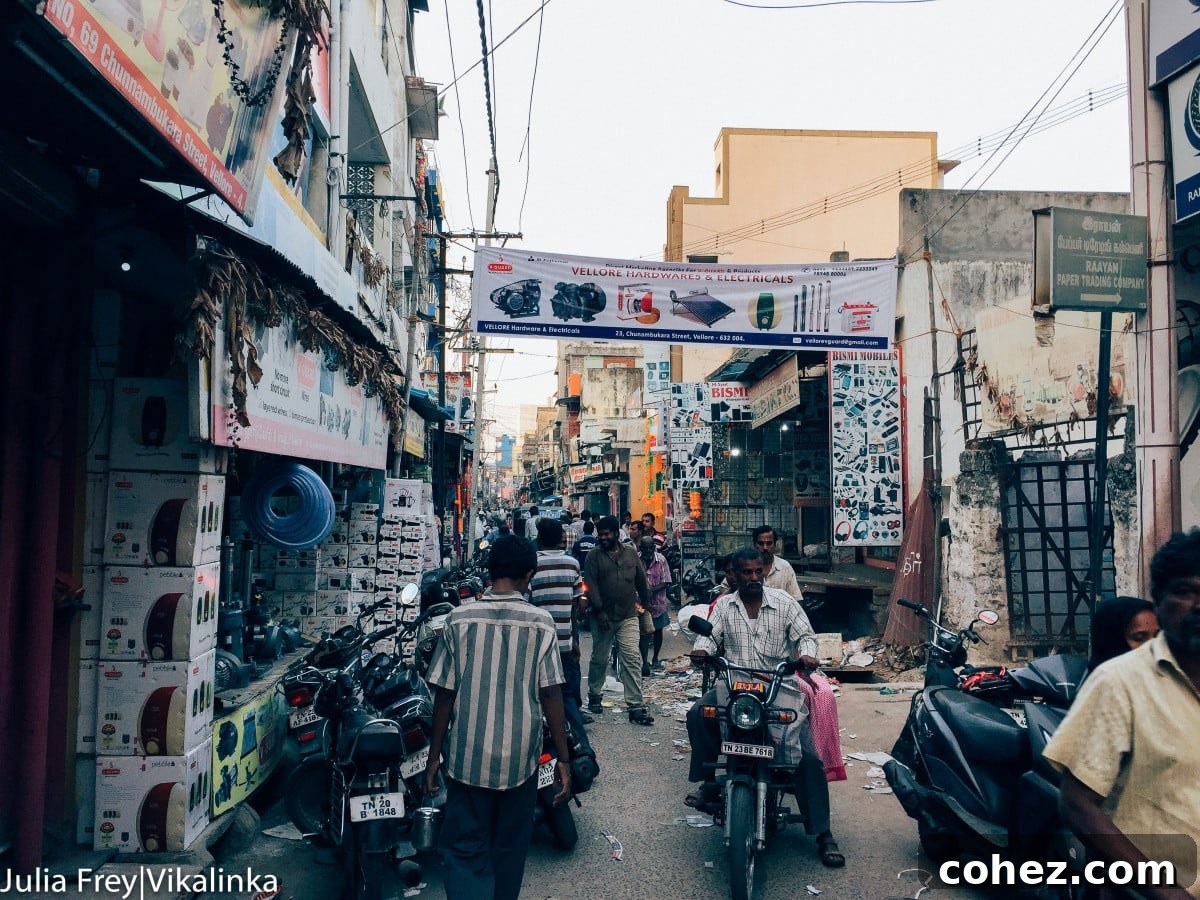Bustling narrow street in an Indian city, with shops and people