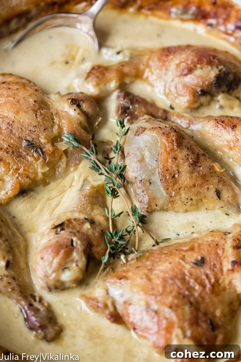Gourmet Wine and Mustard Chicken 4 Chicken thighs and legs simmering in a creamy Dijon mustard sauce with fresh thyme sprigs