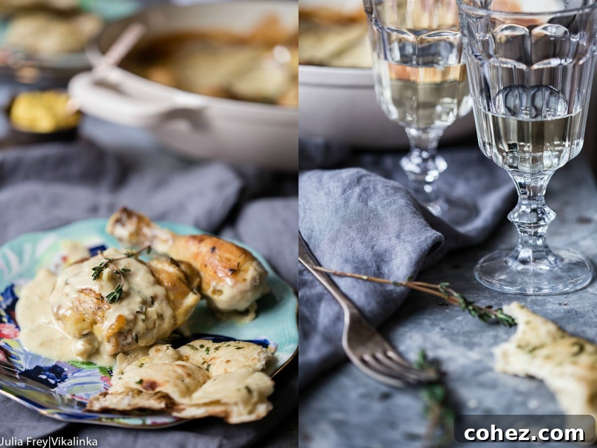 Gourmet Wine and Mustard Chicken 5 Collage of two photos: a plated serving of chicken with creamy mustard sauce and two glasses of white wine; a close-up of the chicken dish
