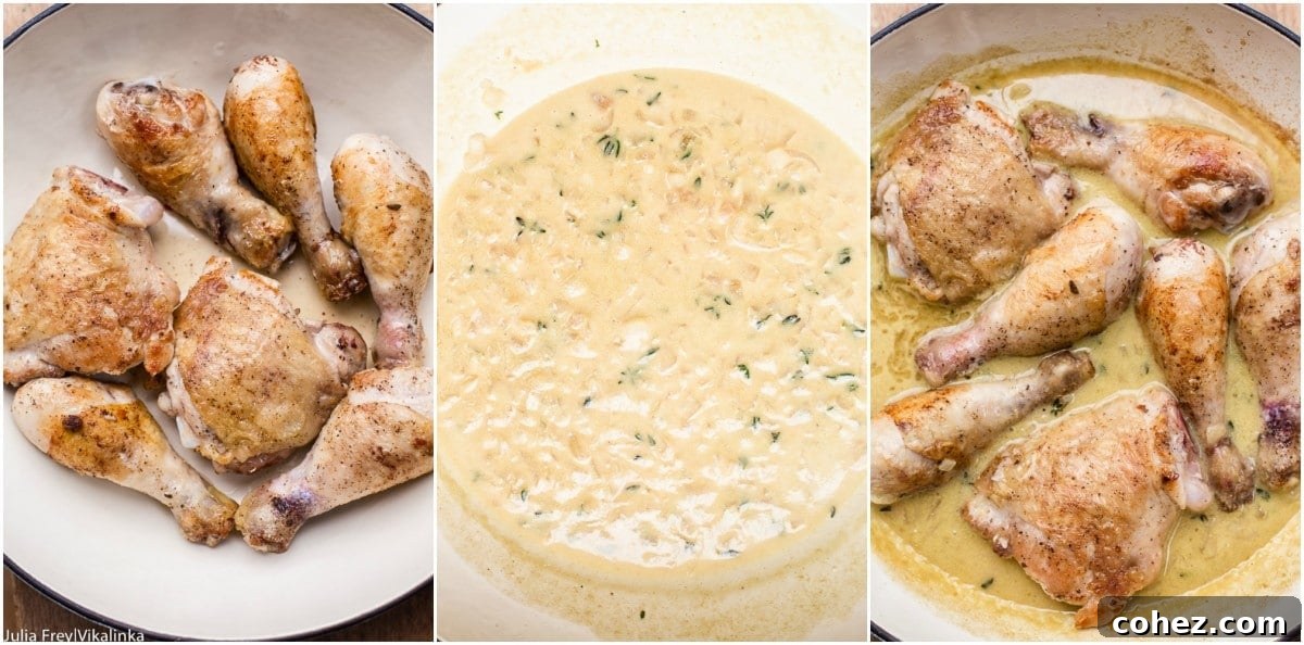 Gourmet Wine and Mustard Chicken 7 Three-stage collage showing chicken being browned, braised in sauce in the oven, and finished with cream in the pan