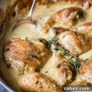 Gourmet Wine and Mustard Chicken 9 chicken in mustard cream sauce in white pan