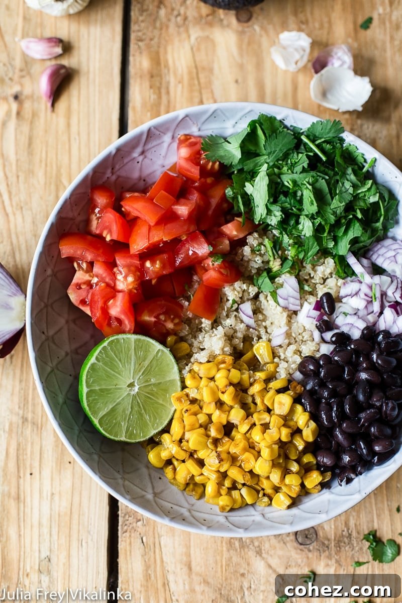 An overhead shot of the complete Chicken Fajita Bowl, showcasing the artful arrangement of all the fresh, colorful ingredients.