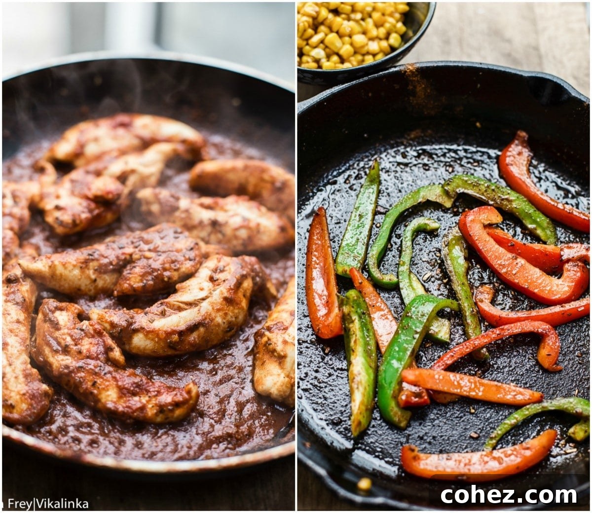 A collage of process shots demonstrating the cooking of various components for the Chicken Fajita Bowl, including chopping vegetables, searing chicken, and charring corn and peppers.