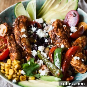 Chicken Fajita Bowl on a tablecloth