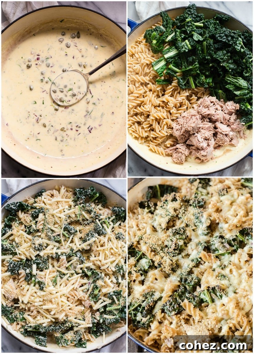 Collage of Tuna Noodle Casserole images showing various stages of preparation and the finished dish