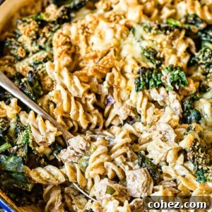 Baked Tuna Noodle Casserole with kale, golden brown and bubbly topping