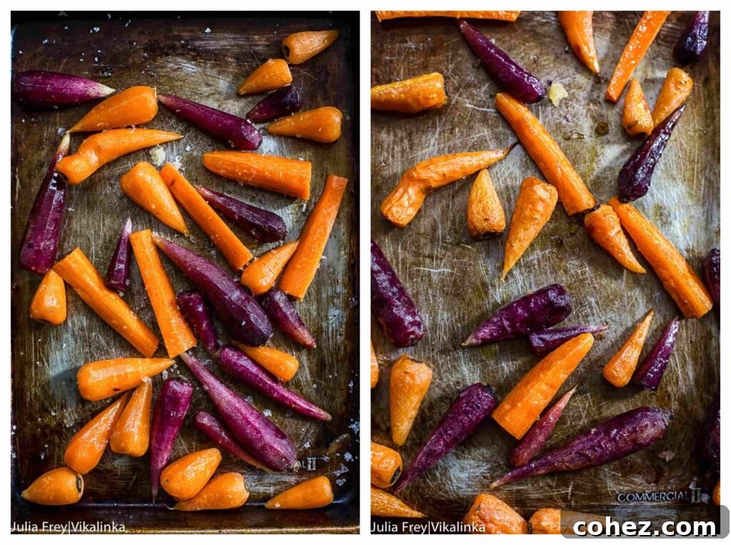 Three process shots showing carrots being prepped, roasted on a baking sheet, and finally plated with sauce