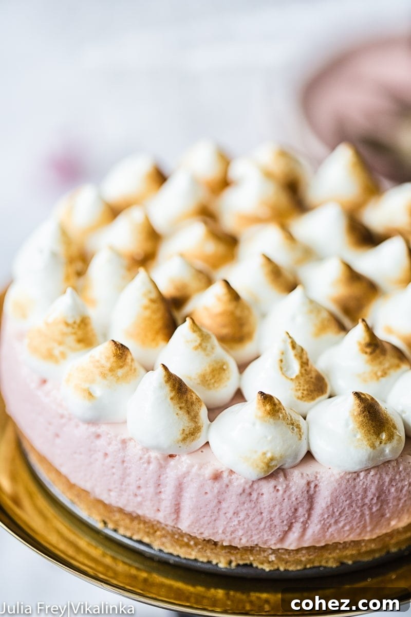 Airy Strawberry Meringue No Bake Cheesecake 2 Close view of strawberry meringue cheesecake showing fluffy meringue with light browning