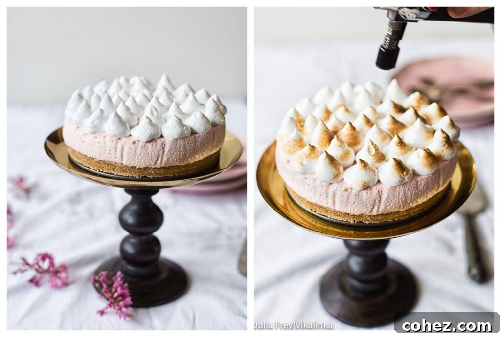 Airy Strawberry Meringue No Bake Cheesecake 8 Process shots of assembled strawberry meringue cheesecake having meringue blow torched to a golden perfection