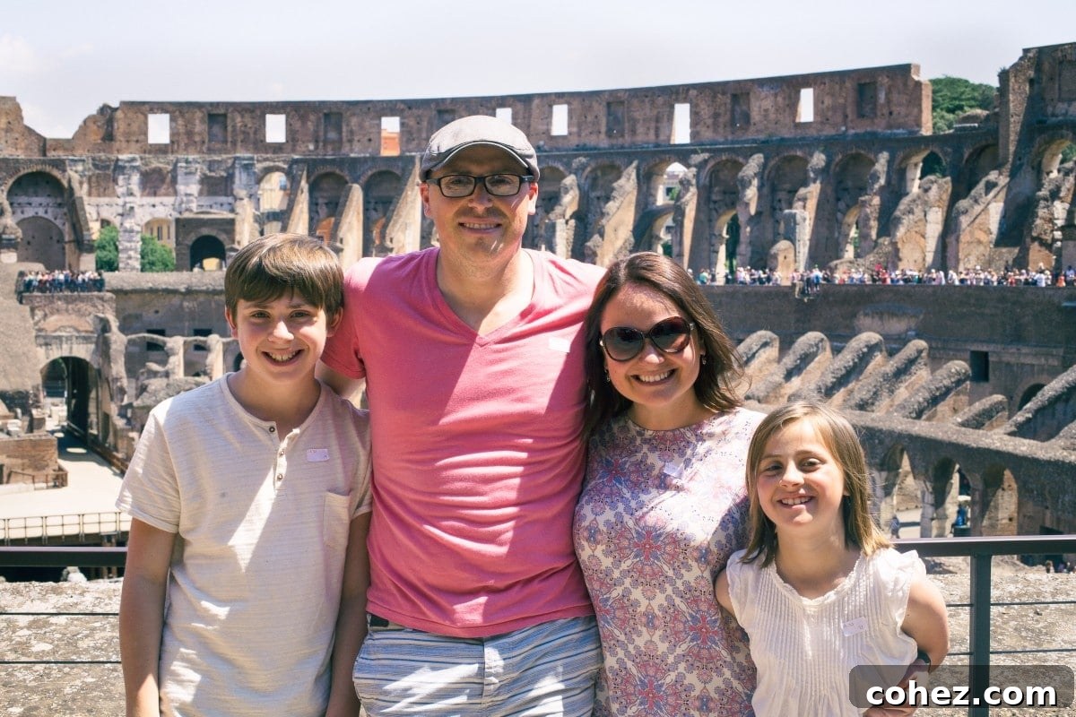 The family at the Colosseum, enjoying the ancient monument in Rome
