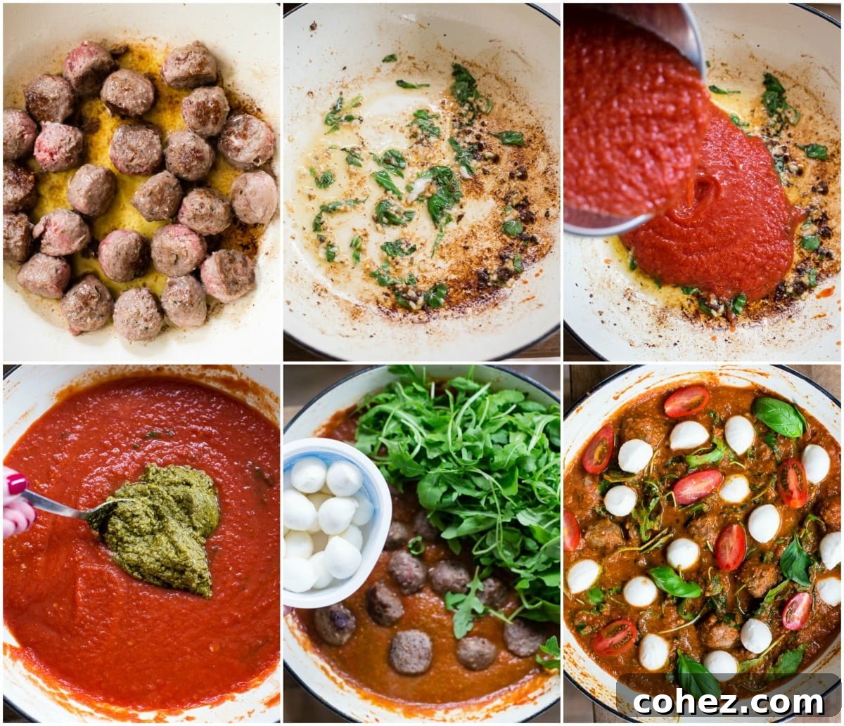 Collage of baked meatballs in different stages, with mozzarella and arugula
