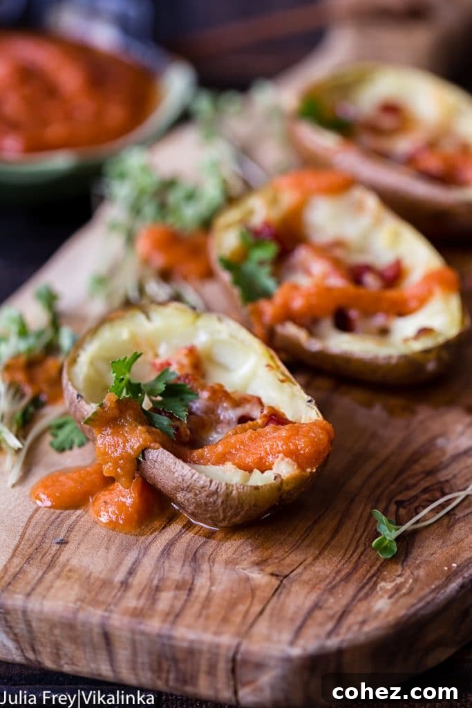 Close up of loaded potatoes showing bravas sauce dripping down