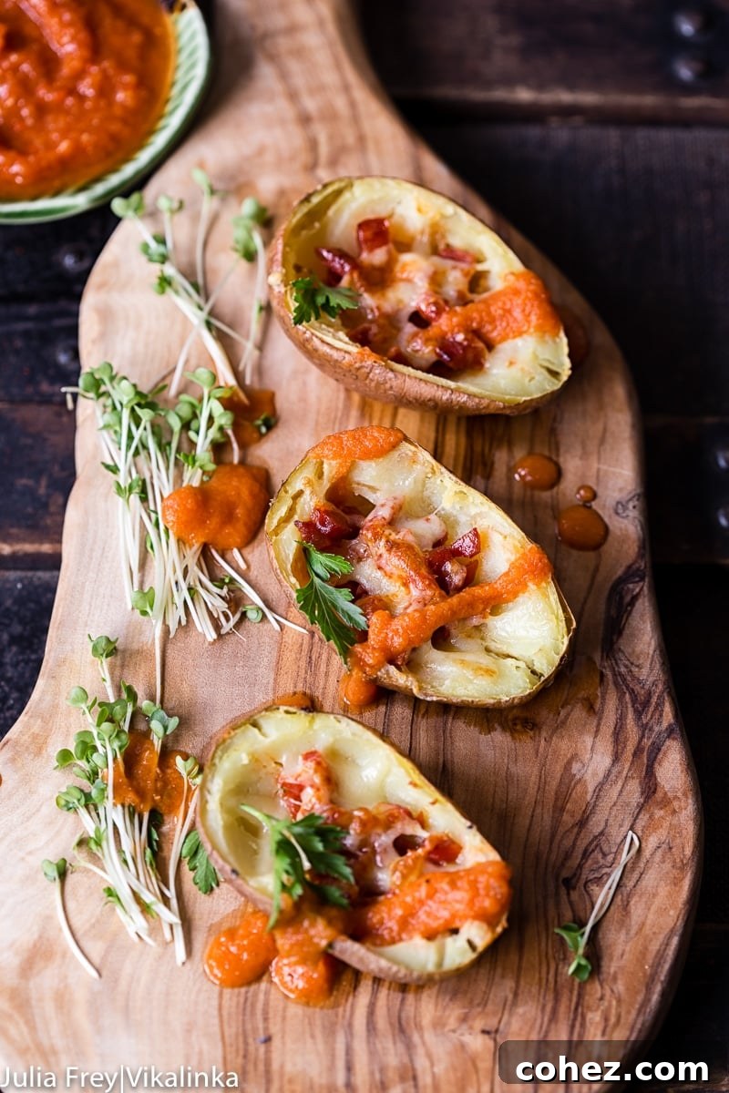 Three potato skins with chorizo and bravas sauce on a wooded platter