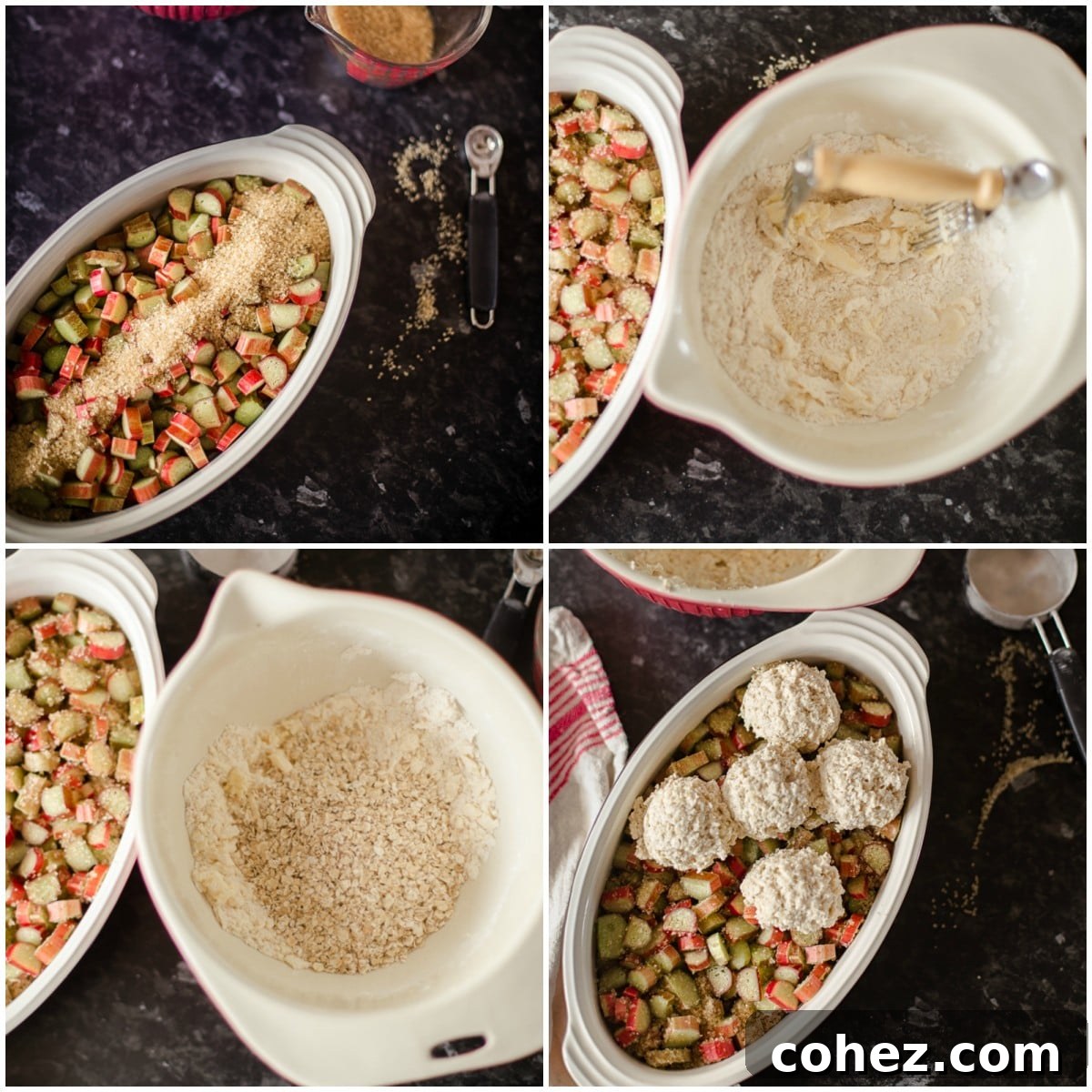 A collage of process shots illustrating the assembly of rhubarb cobbler in a baking dish, from combining ingredients to placing the topping.