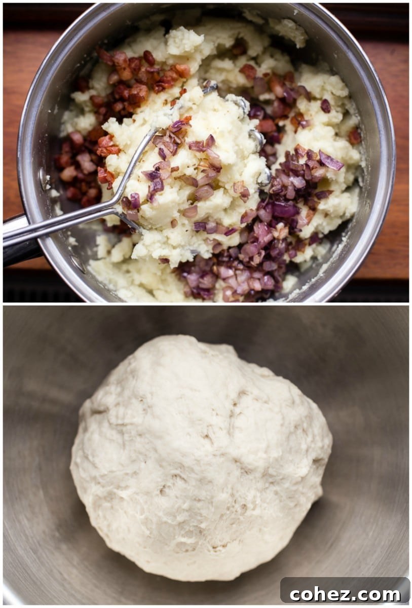 Process shots of stuffing and dough
