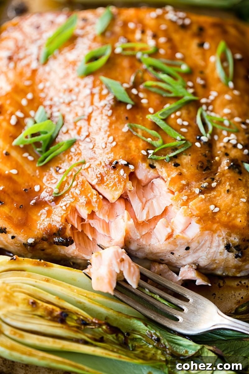 Teriyaki Salmon and Bok Choy Ready to Serve with Garnish