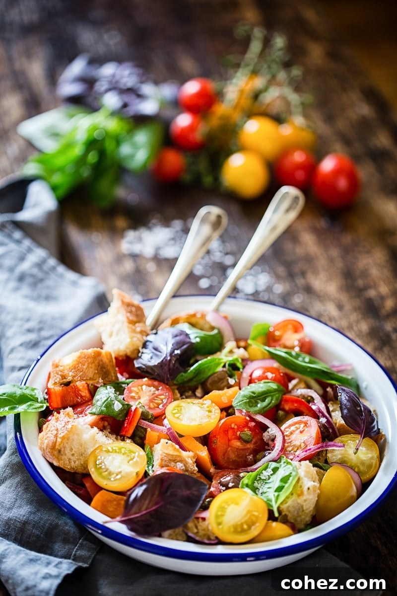 Freshly prepared Tuscan Panzanella Salad in a white bowl with a blue rim, garnished with basil.