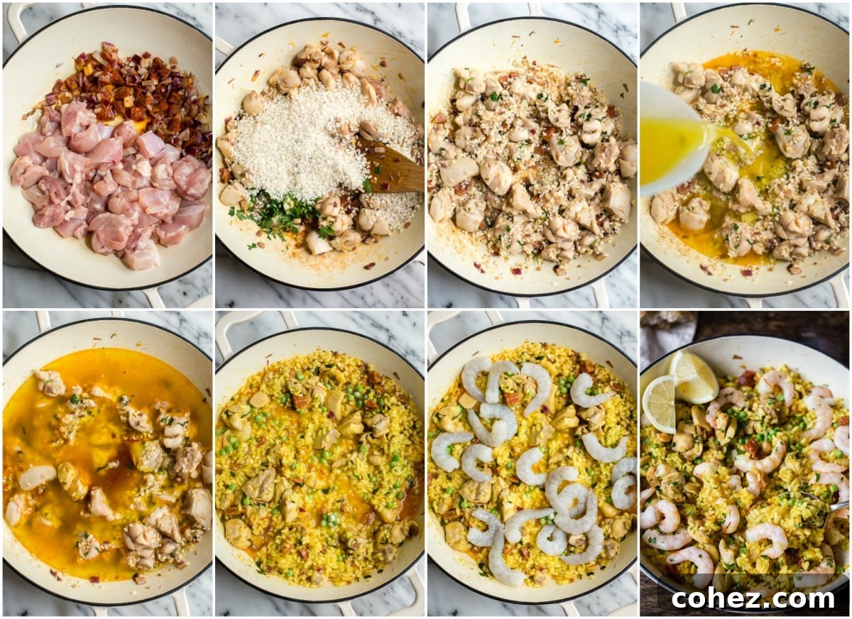 A collage of process images showing the step-by-step preparation of Spanish chicken and rice with shrimp, from sautéing ingredients to the finished dish.