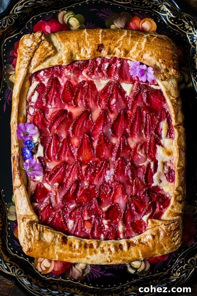 View of strawberry galette with pink flowers as decoration