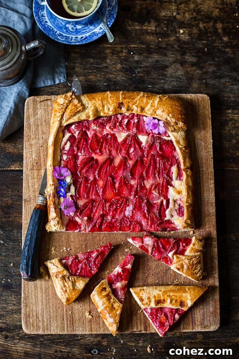 Top down view of strawberry galette on a cutting board with four pieces cut and to the side