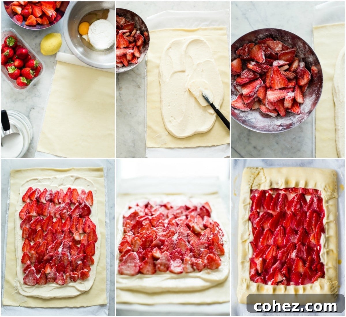 Homemade Strawberry Cream Cheese Galette 5 Process shots of making rustic strawberry galette in six steps showing assembly