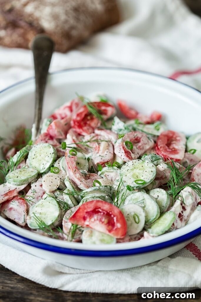 Refreshing Tomato Cucumber Crunch 2 Vibrant Summer Tomato and Cucumber Salad with creamy dill dressing, garnished with fresh dill sprigs