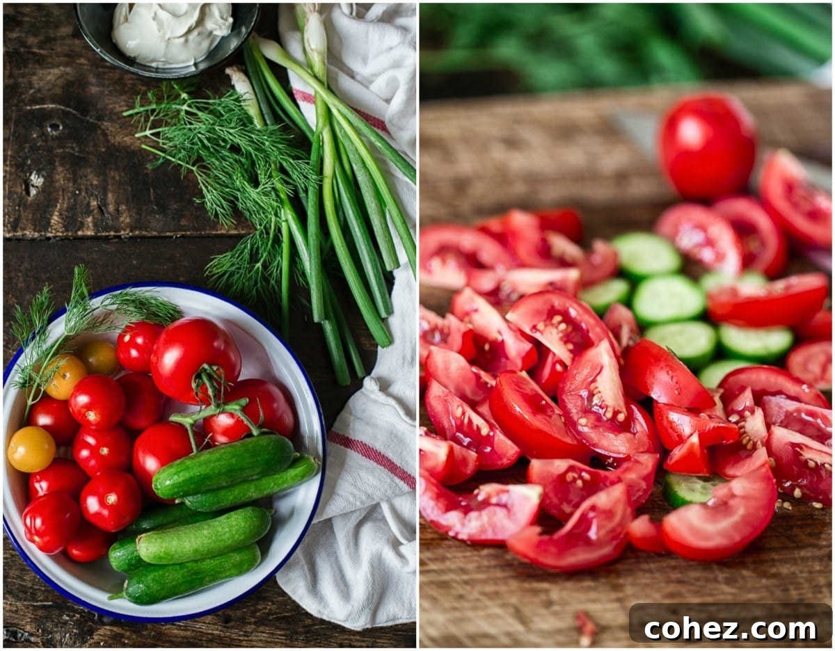 Refreshing Tomato Cucumber Crunch 4 A vibrant assortment of fresh summer tomatoes and cucumbers, neatly arranged and ready for preparation